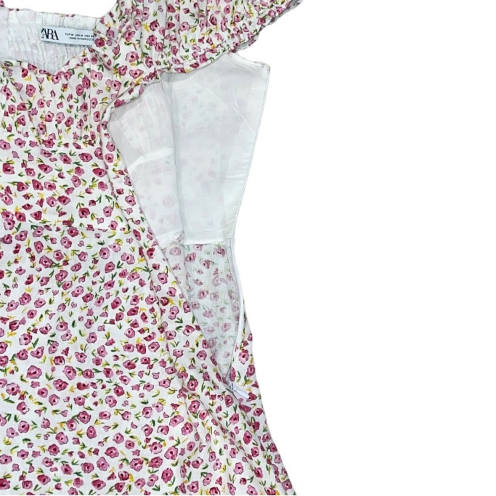 Zara Linen Blend White & Pink Floral Mini Dress Size Medium - Picture 9 of 9
